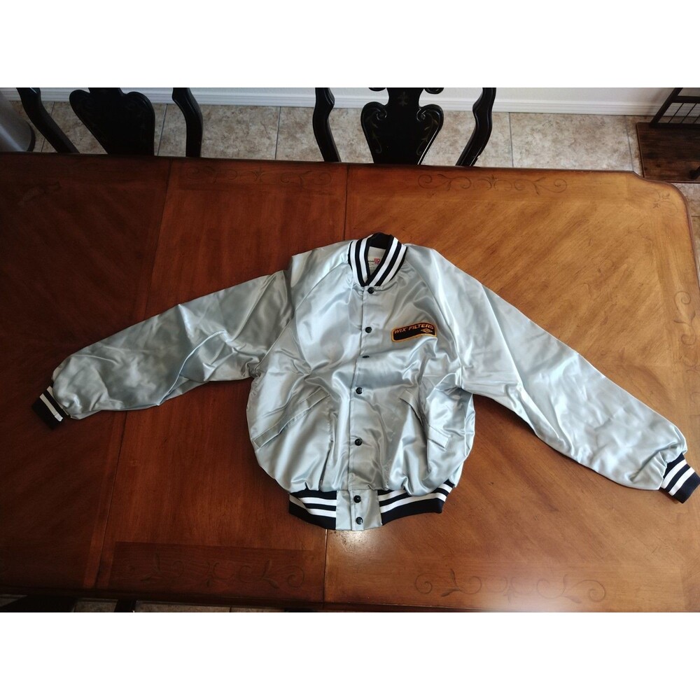 Vintage King Louie Pro Fit Silver Bomber Jacket Adult Large Nylon USA Wix Filter - Picture 2 of 16